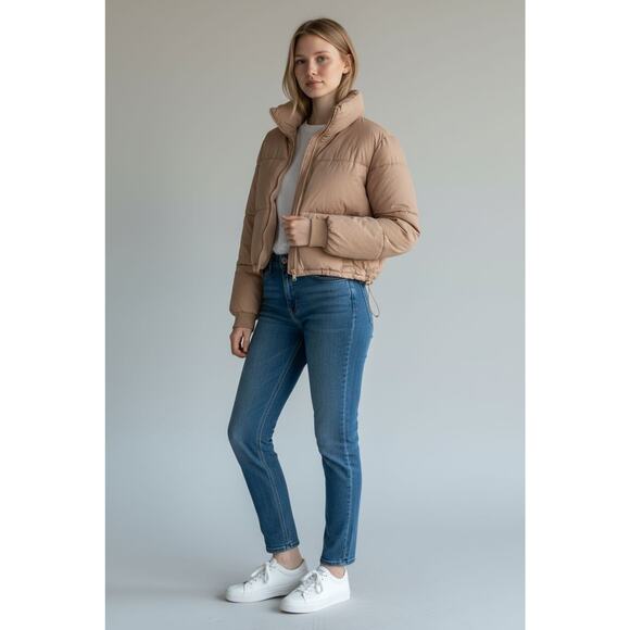 Hollister Ultimate Puffer Cropped Jacket XXL Camel Tan Windproof Packable Gorp - Picture 4 of 16